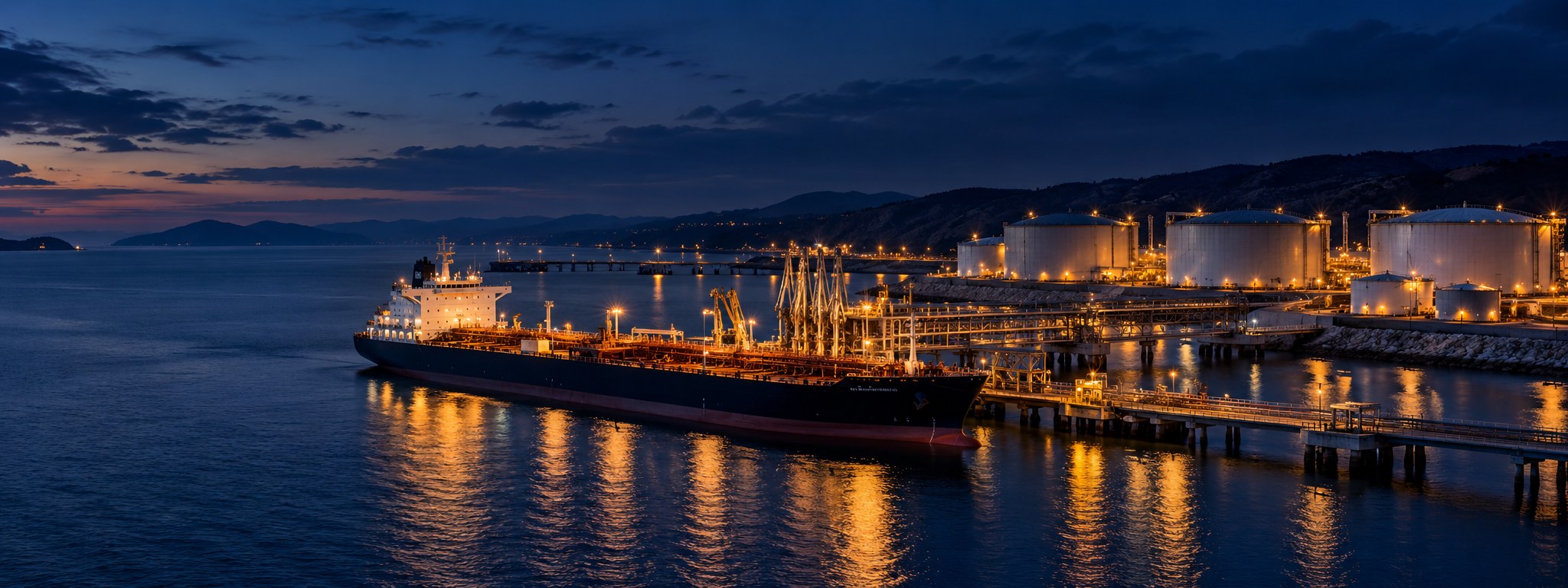 Illustrative fuel tanker and coastal energy terminal at blue hour